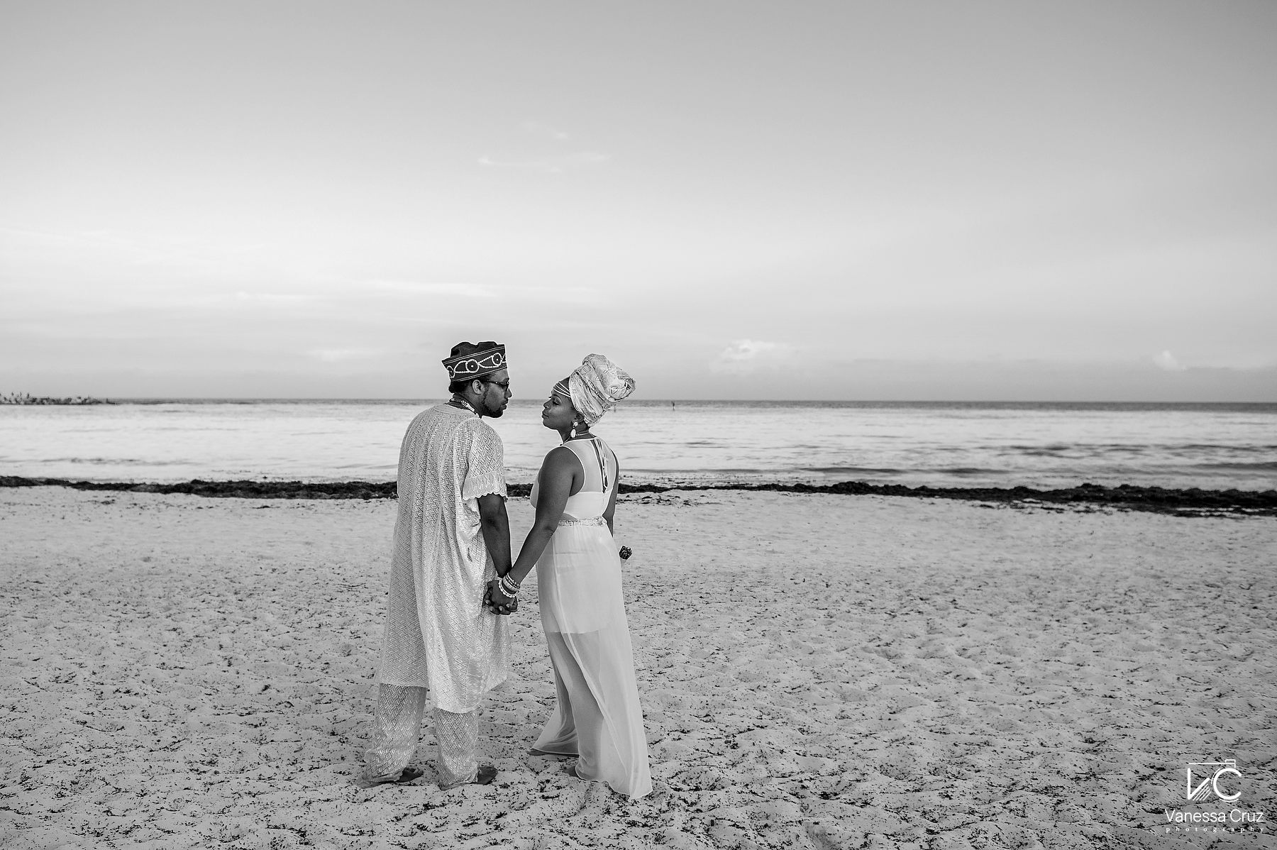 Black and white beach wedding portraits Cancun Mexico