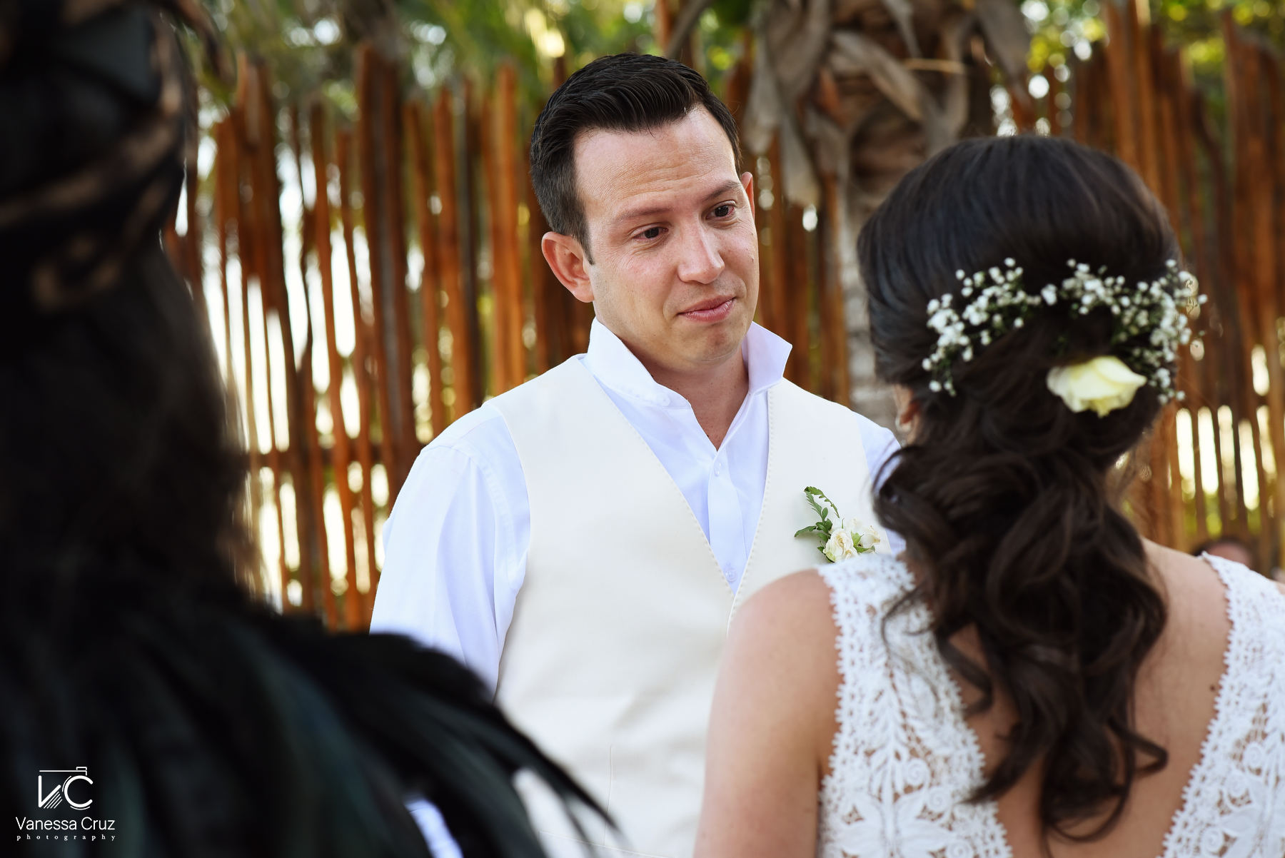 Groom wedding vows blue Venado Riviera Maya Mexico