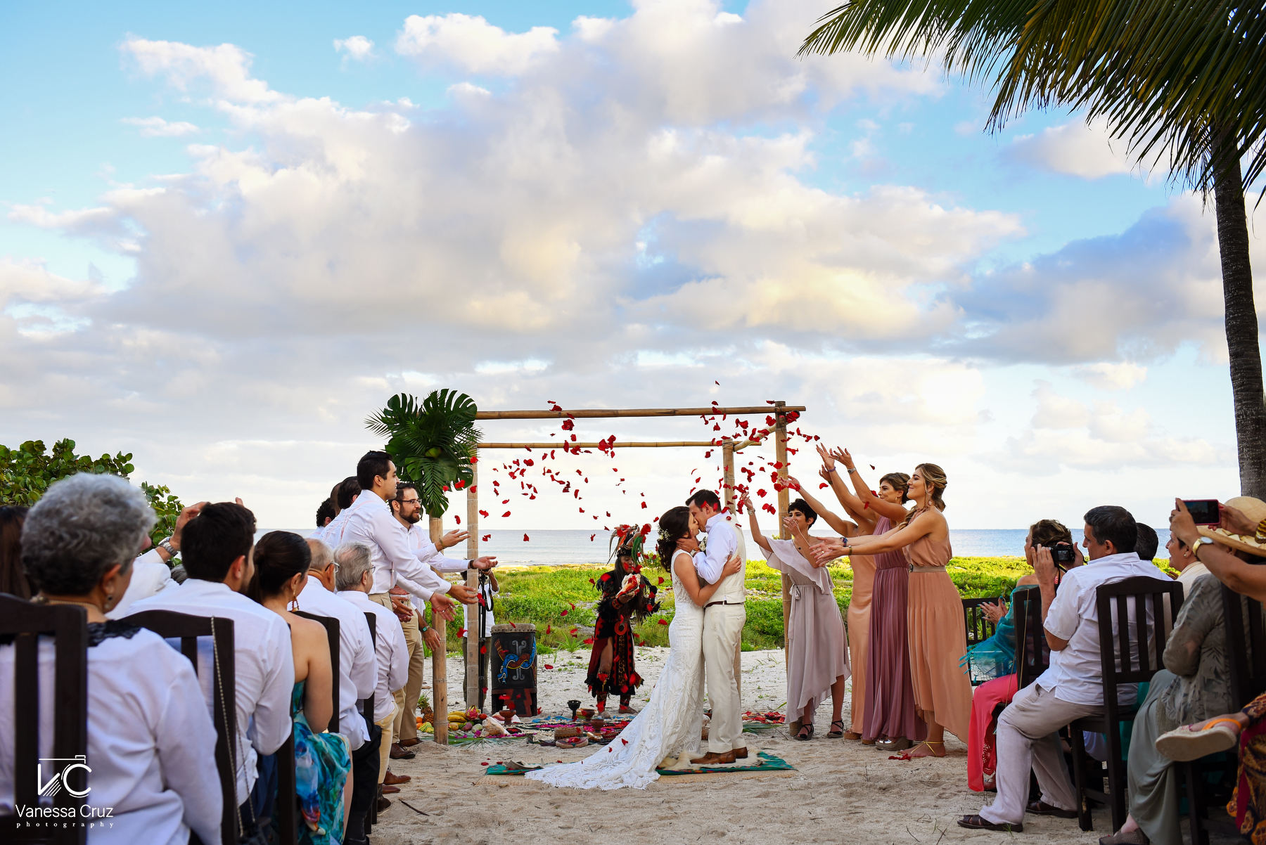 First kiss mayan wedding ceremony blue Venado Riviera Maya Mexico