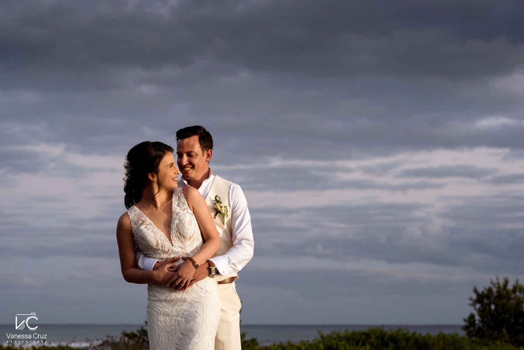 bride and groom smiling wedding portrait blue Venado Riviera Maya Mexico