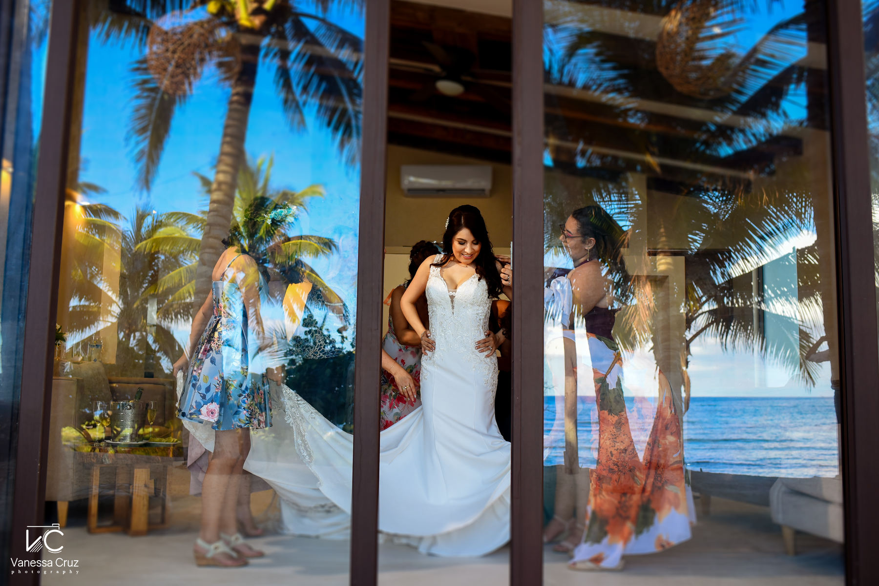 Bride getting ready beach reflection Blue Venado wedding Playa del Carmen Mexico