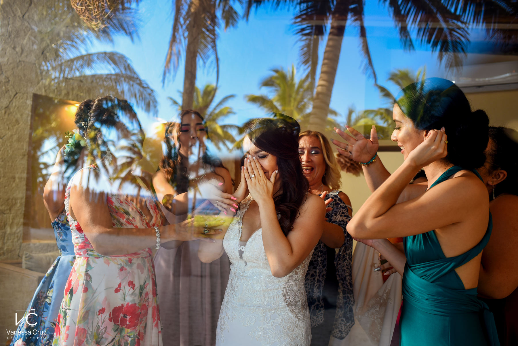 Bride crying getting ready Blue Venado Beach wedding Playa del Carmen Mexico