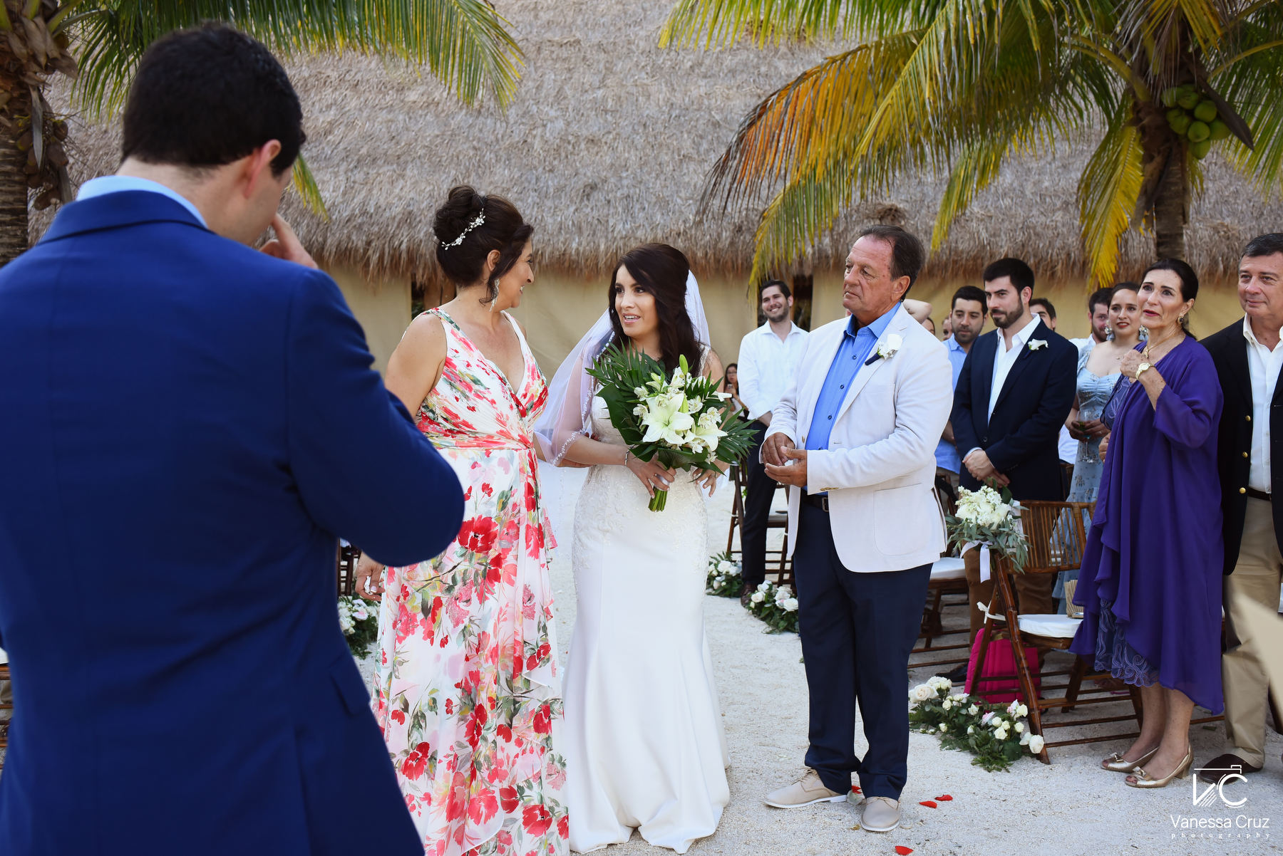 Parents giving away bride beach wedding Blue Venado Mexico