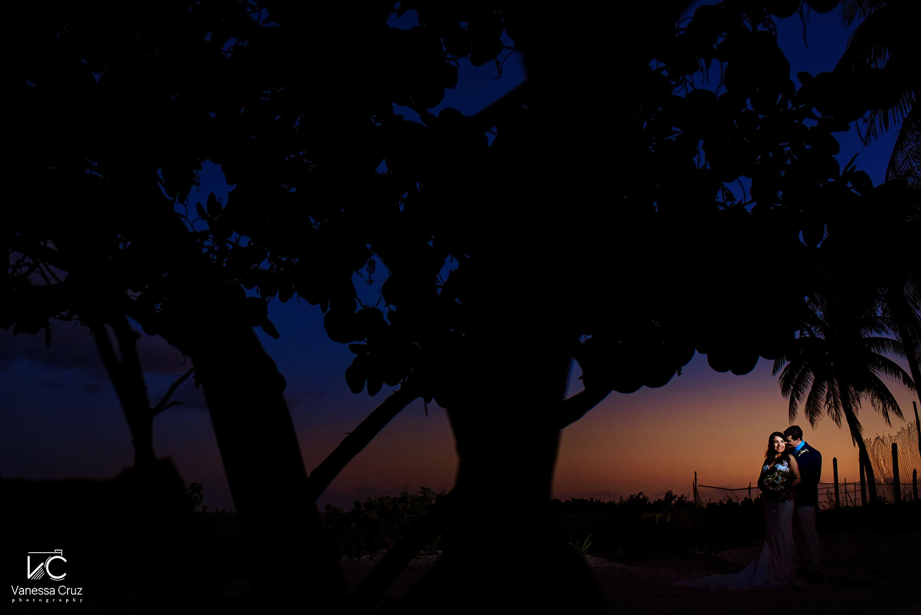 Creative sunset wedding portrait private venue Blue Venado Playa del Carmen Mexico