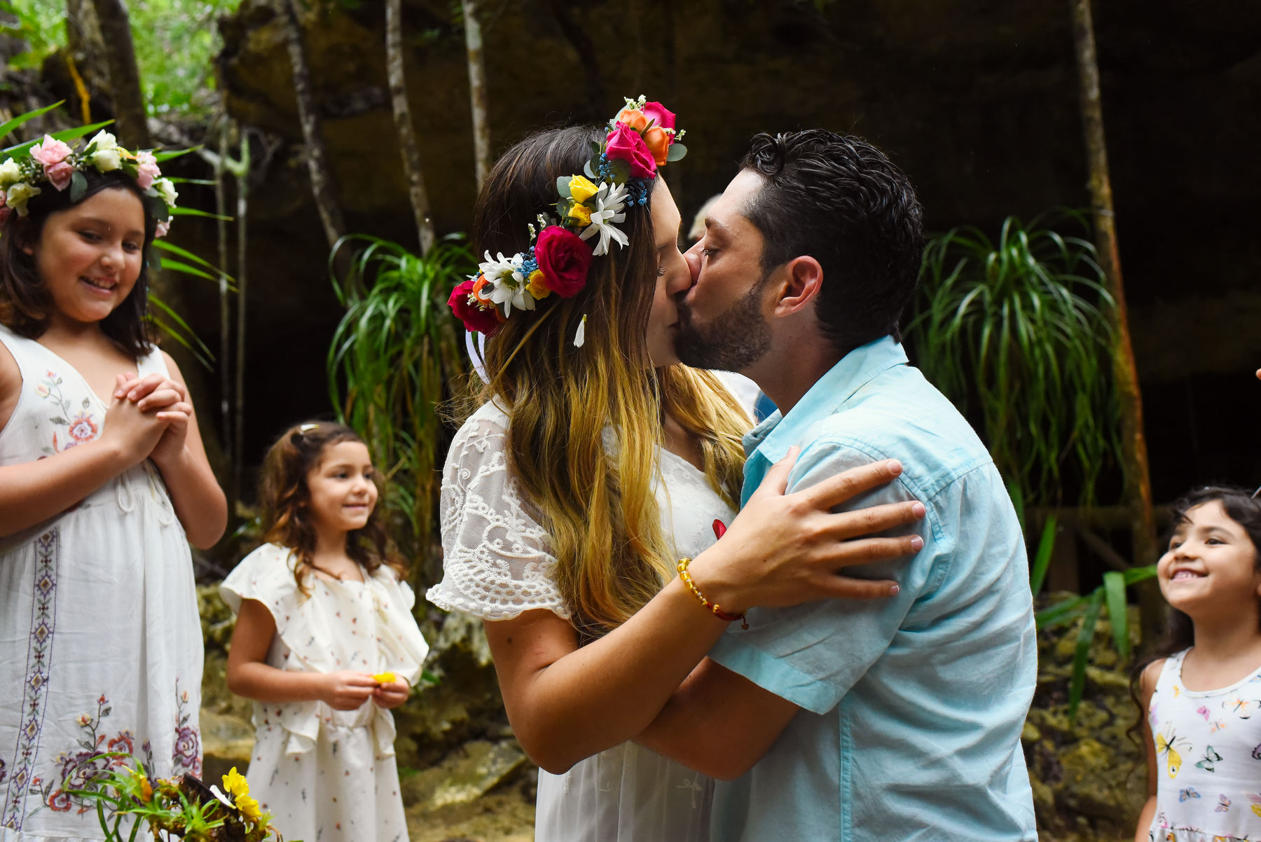 first kiss wedding ceremony Cenote Riviera Maya Mexico 