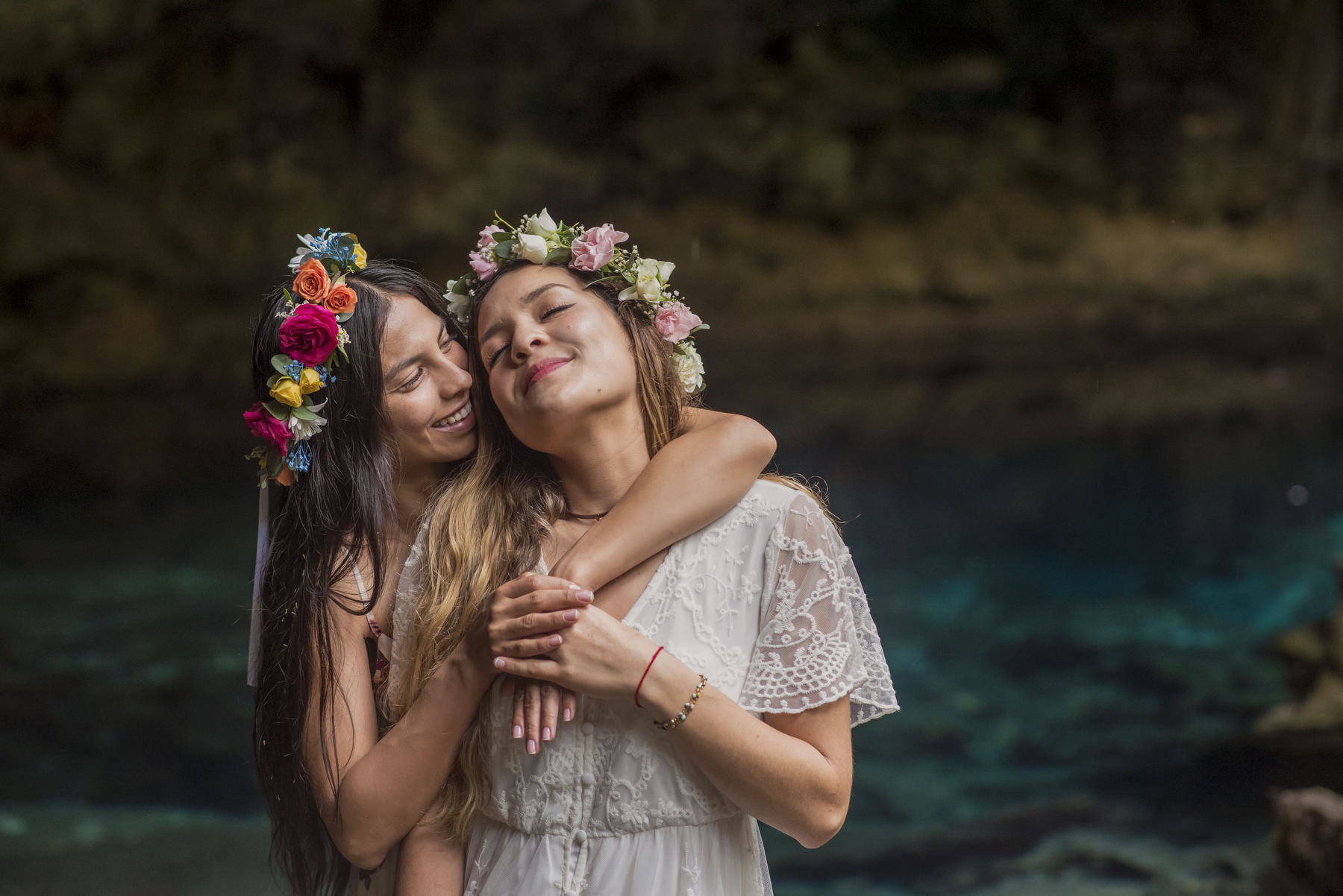 friend hug wedding moments Cenote Riviera Maya Mexico 