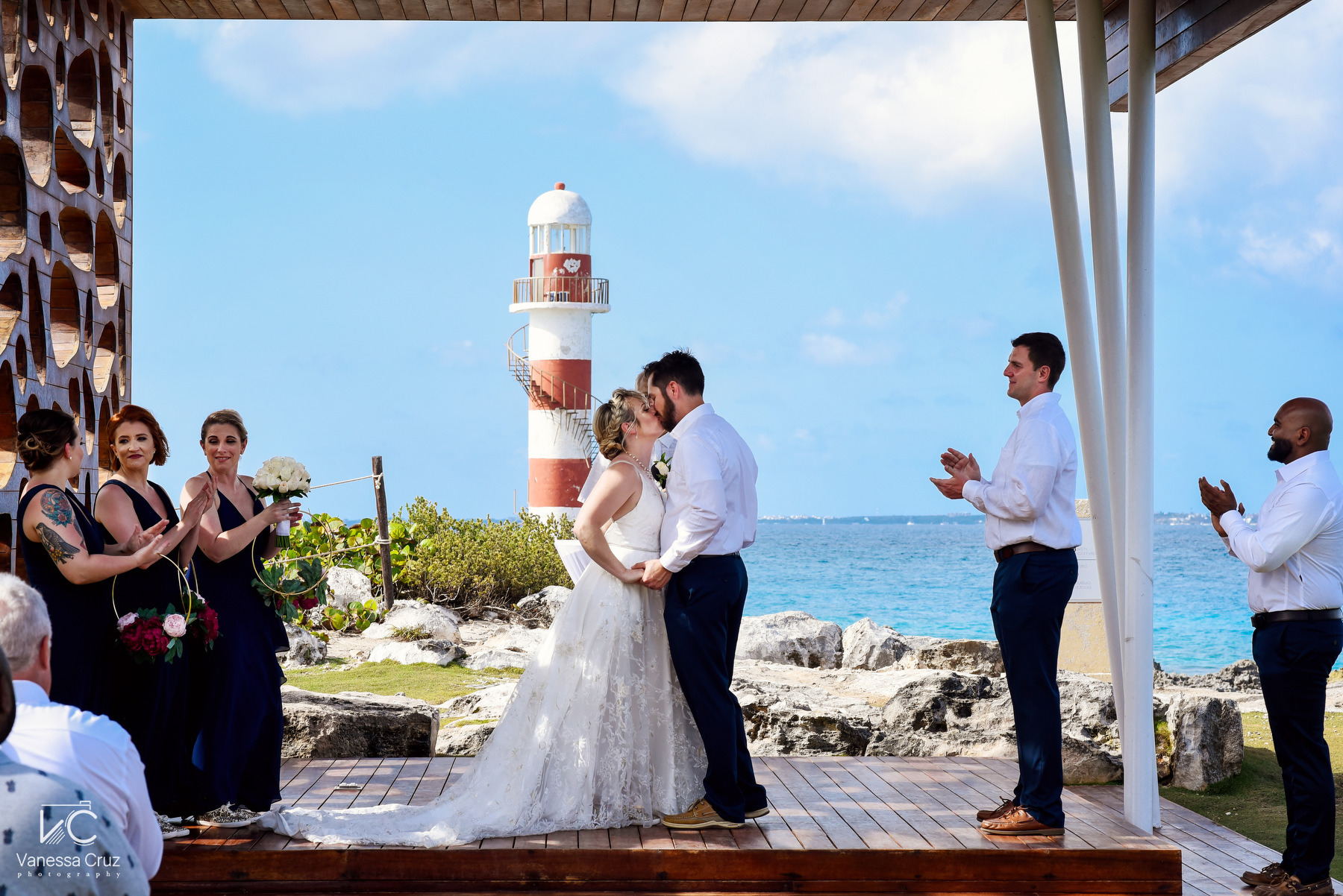 Lighthouse Wedding Ceremony fist kiss Hyatt Ziva Cancun Mexico