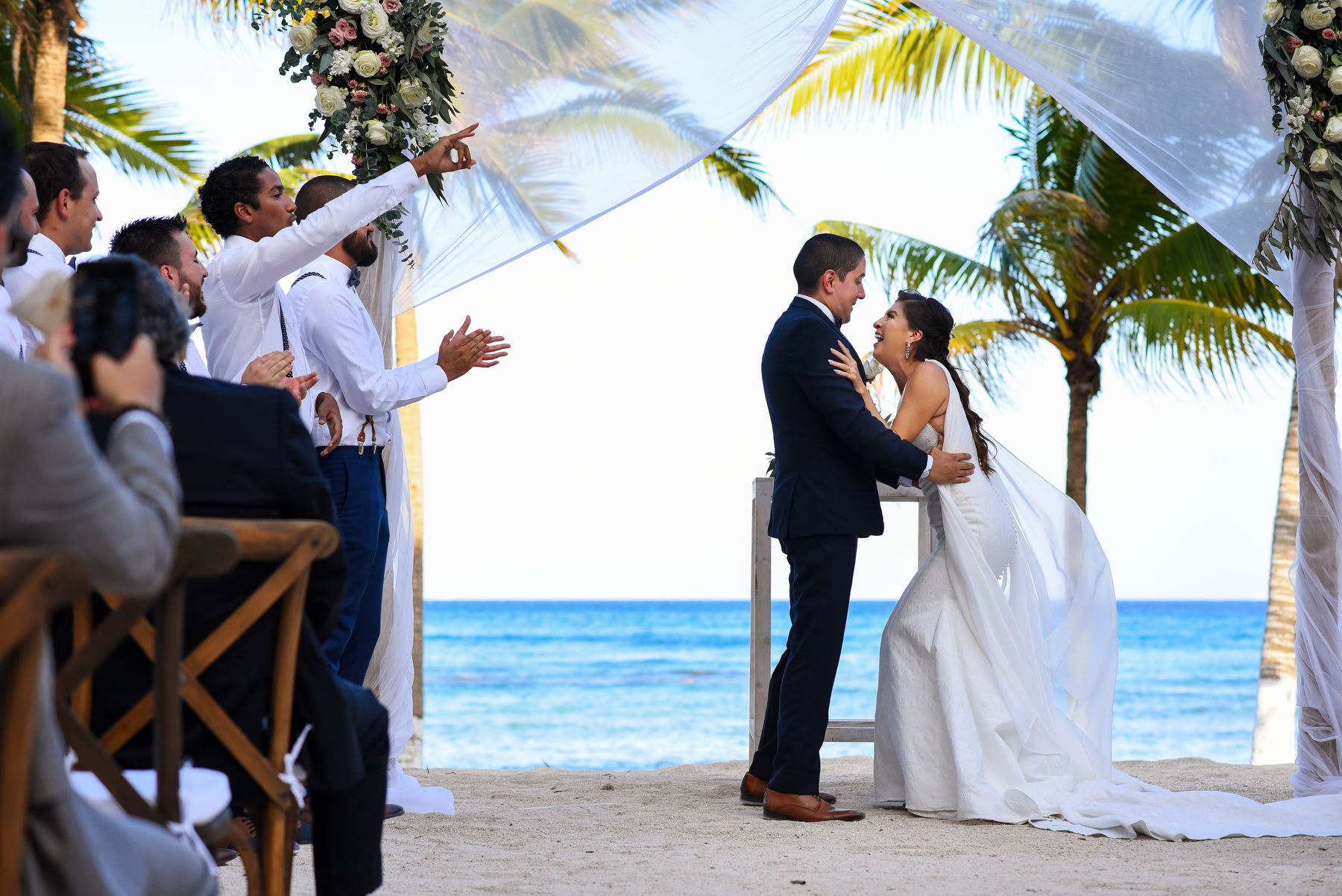emotional bride and groom just married Blue Venado Wedding Riviera Maya Mexico